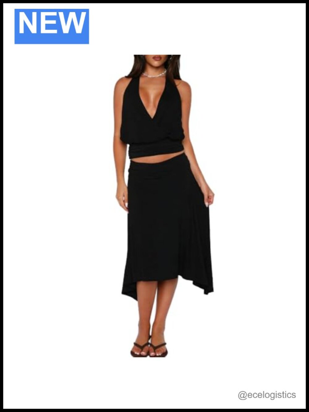 Two Piece Lounge Skirt Set Sleeveless Backless Cowl Neck Crop Top Midi